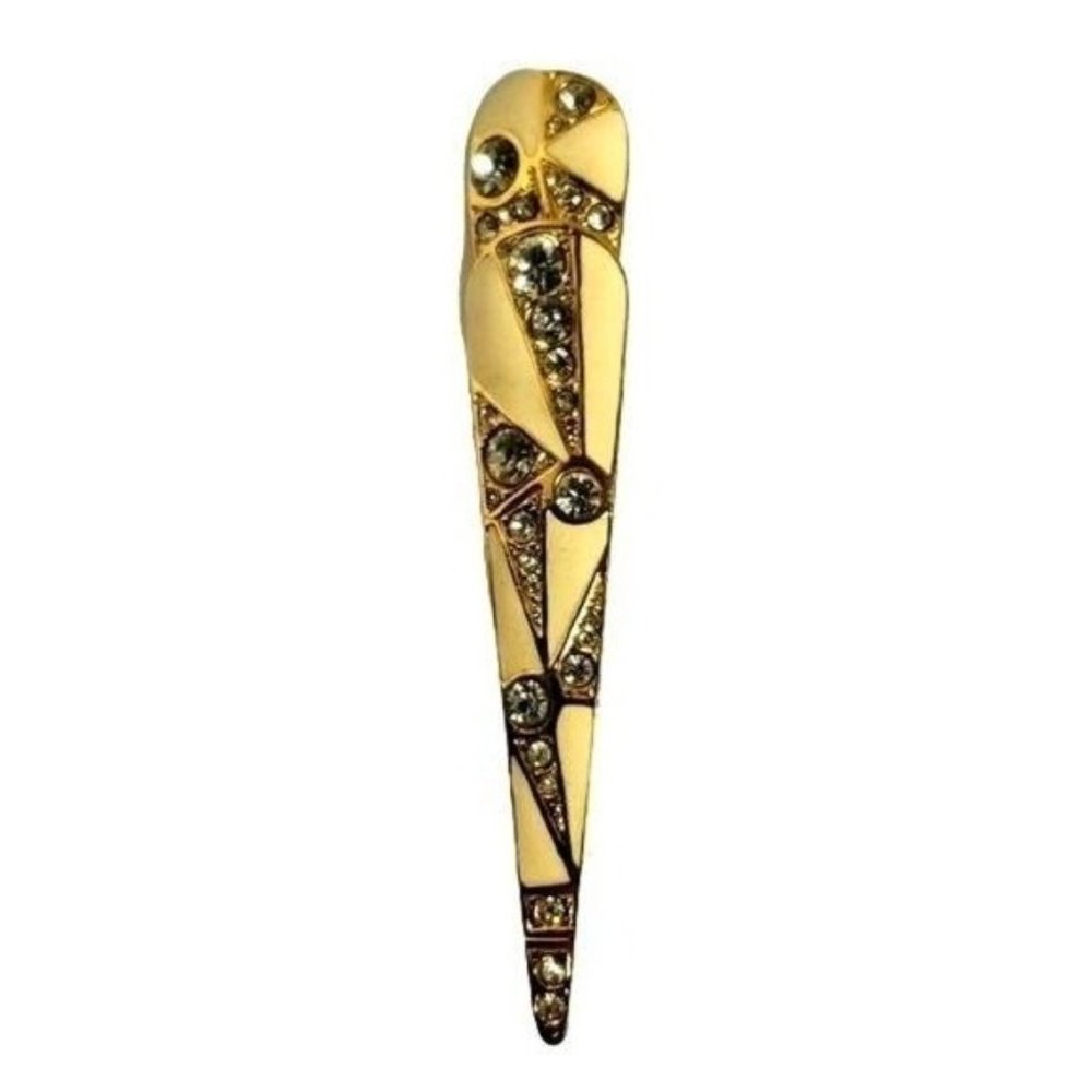 VINTAGE AV 1980'S ART DECO IVORY & GOLD ENAMAL W/CRYSTALS BROOCH